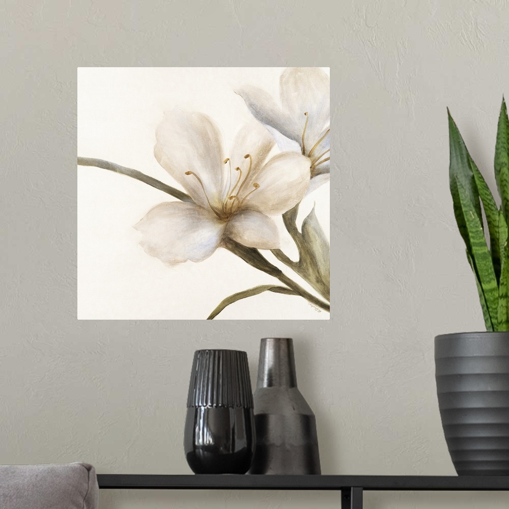 A modern room featuring Contemporary painting of a white flower on a leafy stem.