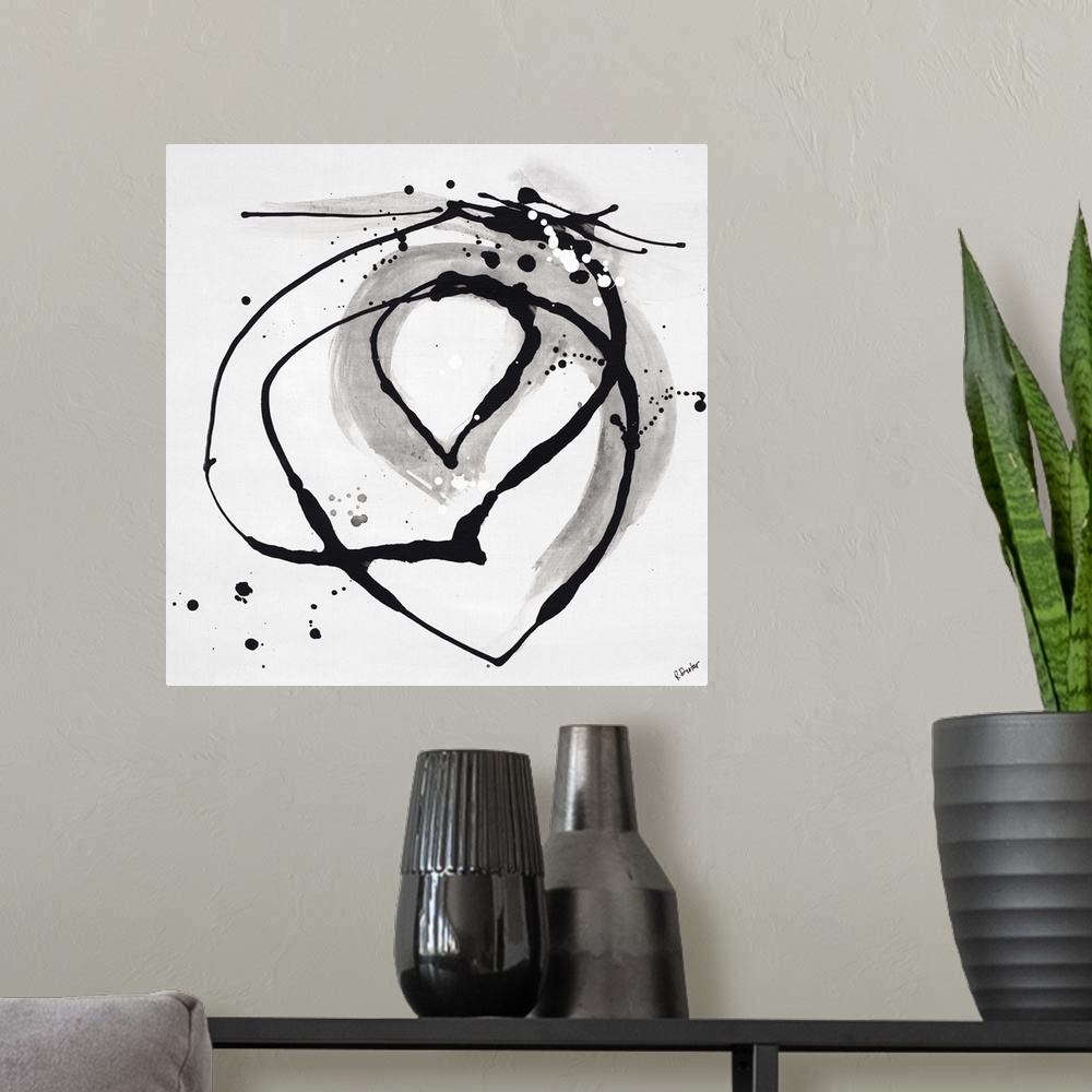 A modern room featuring Abstract painting using dark black drip patterns in a circular motion, with light gray undertones...