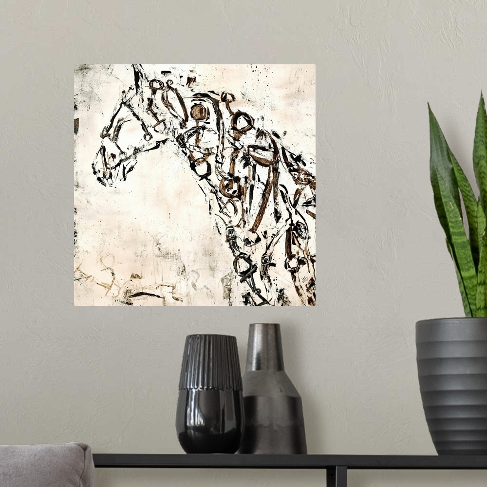 A modern room featuring Square artwork of an abstract horse created with circular shapes and lines in black and brown ton...