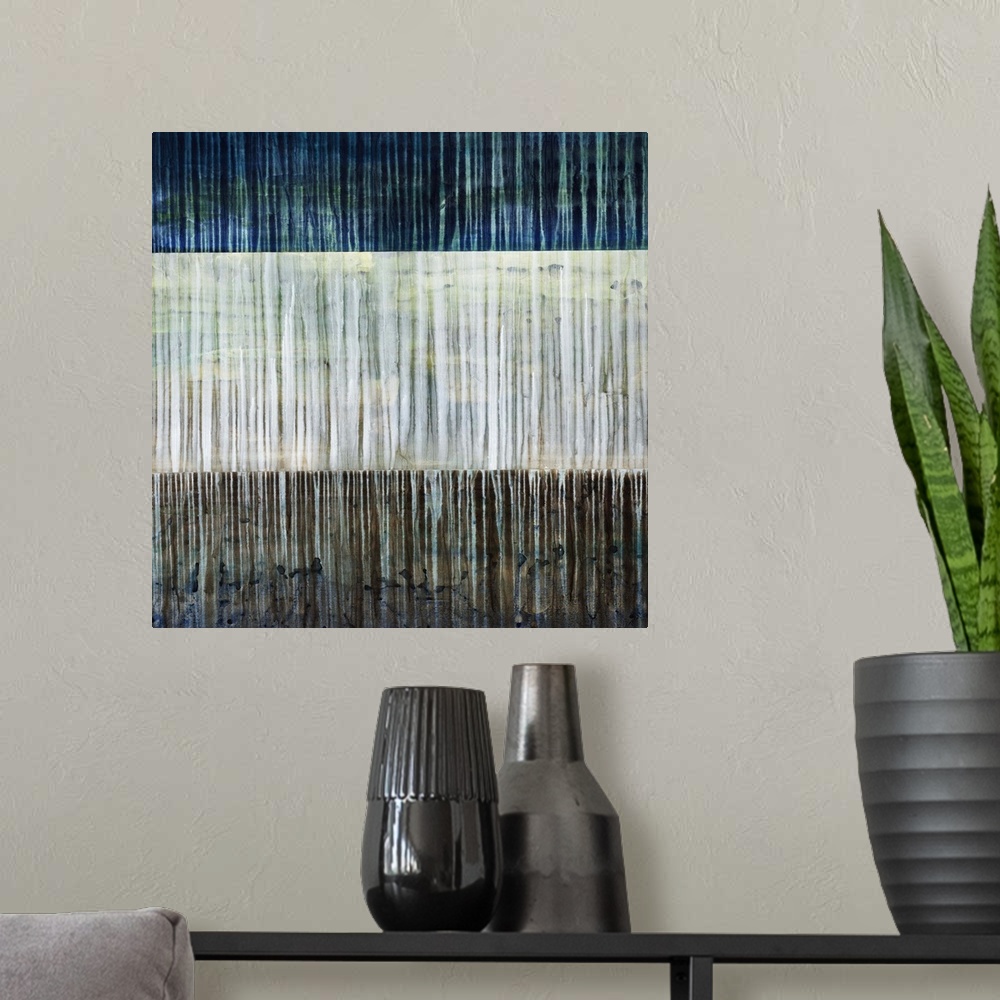 A modern room featuring Contemporary abstract painting of three contrasting colors in horizontal stripes with thin vertic...
