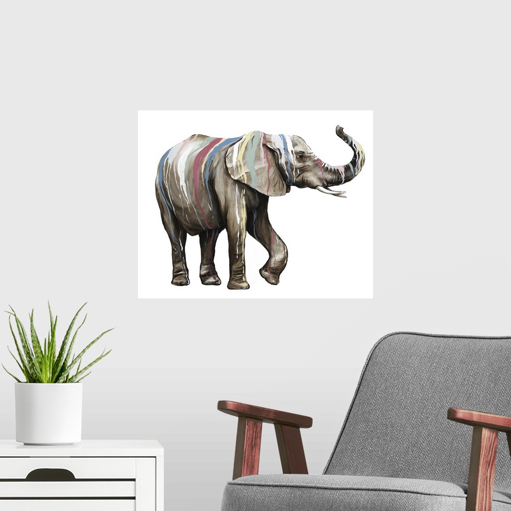 A modern room featuring Artwork of an elephant covered with multiple colors of paint dripping down it's body.