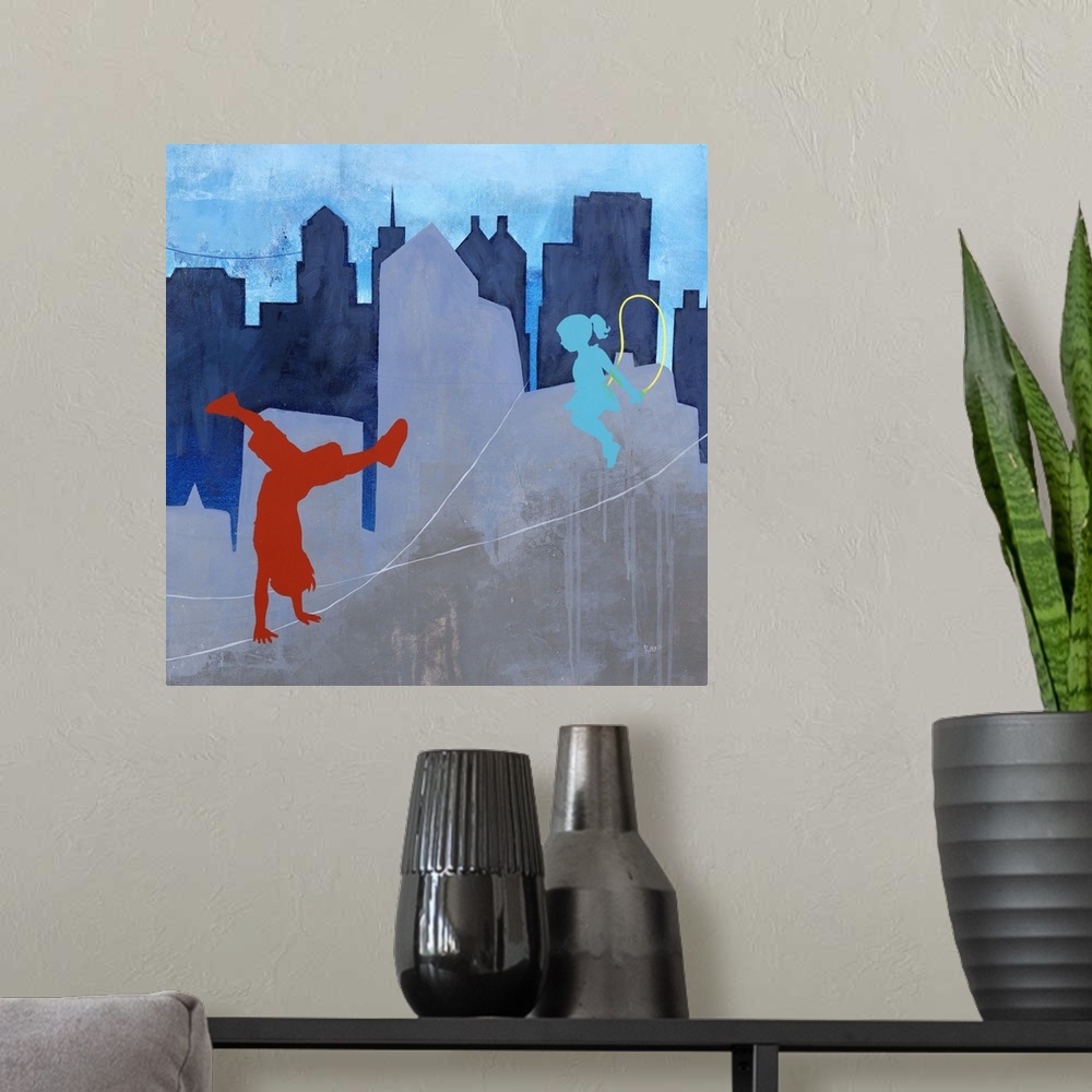 A modern room featuring Contemporary painting of two children playing outdoors with a city skyline in the background.
