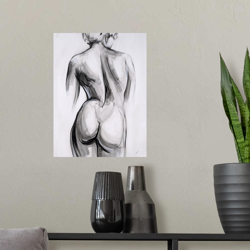 A modern room featuring Contemporary figurative abstract with a woman's back and bottom in shades of gray, black, and white.