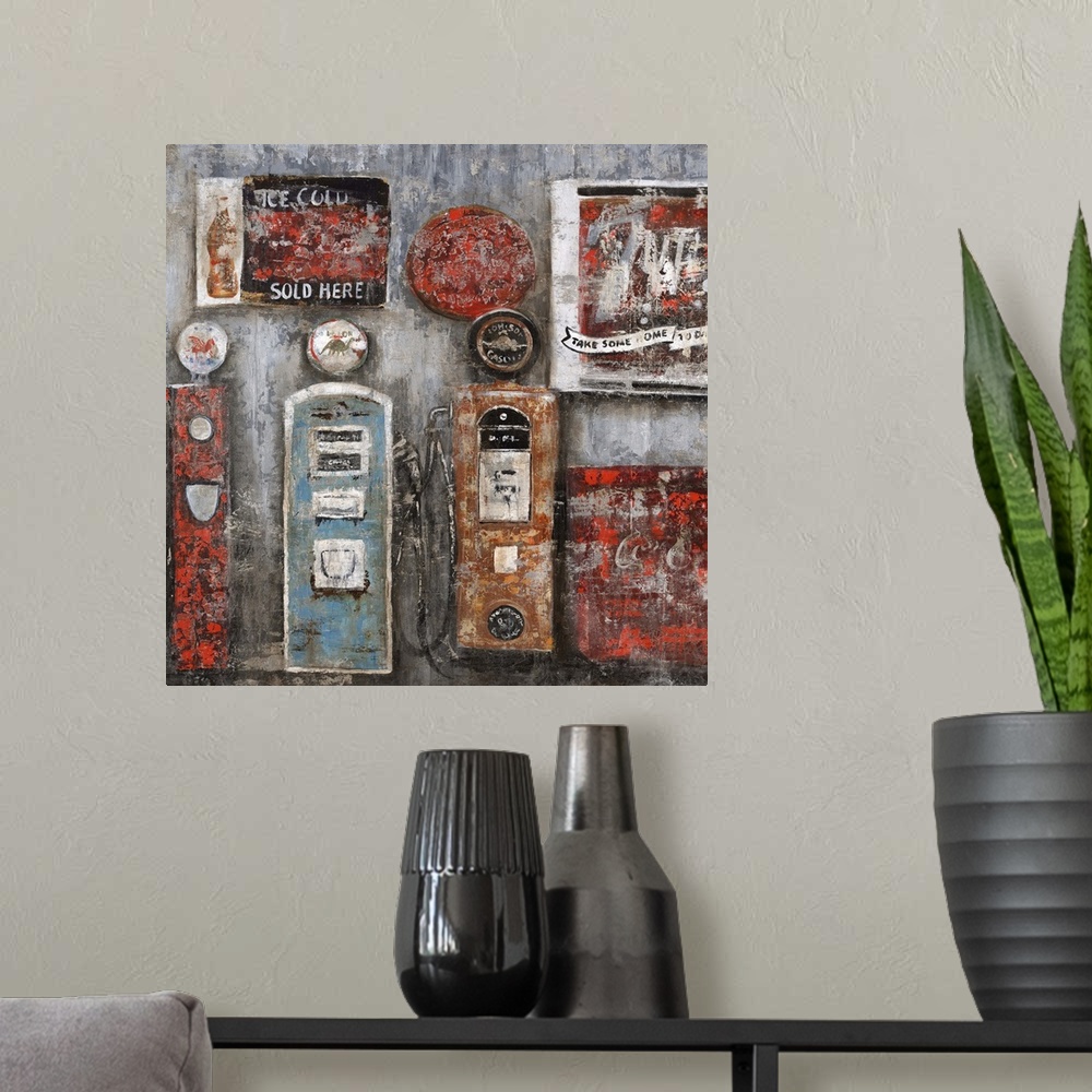 A modern room featuring Painting of several vintage gas pumps and signage, painted with a texture that gives an antique f...