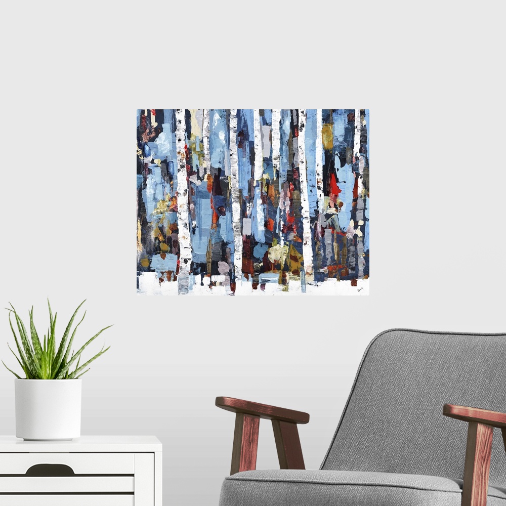 A modern room featuring Colorful abstract painting of tall white tree trunks on a snow covered ground with vertical strok...
