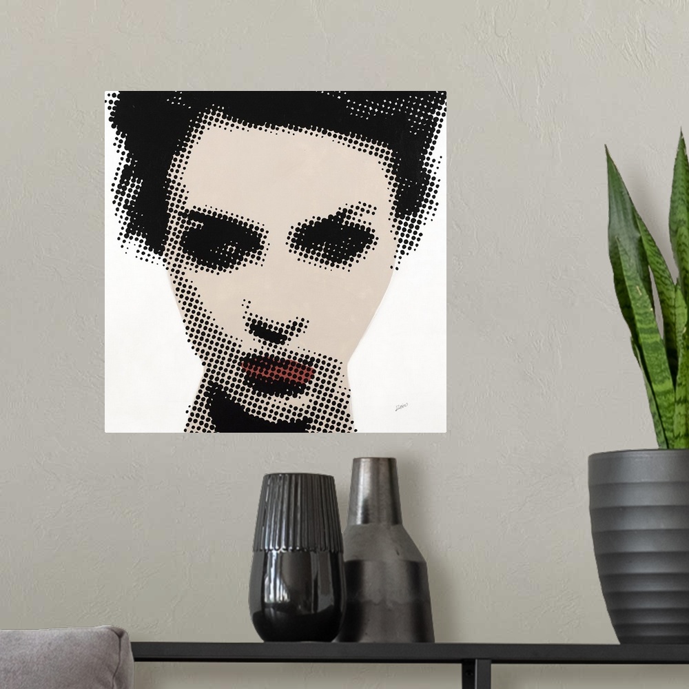 A modern room featuring Square illustration of a woman's face created with black dots over beige and red paint on a white...