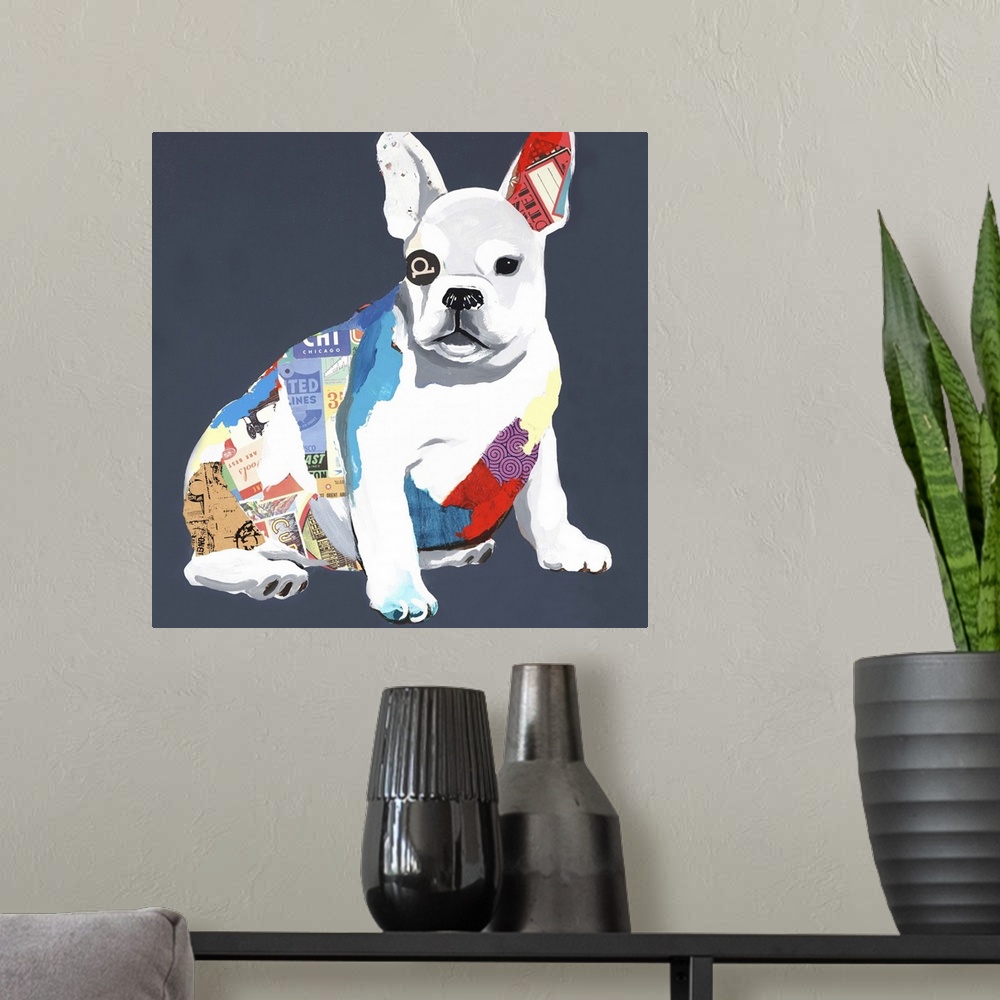 A modern room featuring Square art created with mixed media of a colorful dog on a dark blue background.