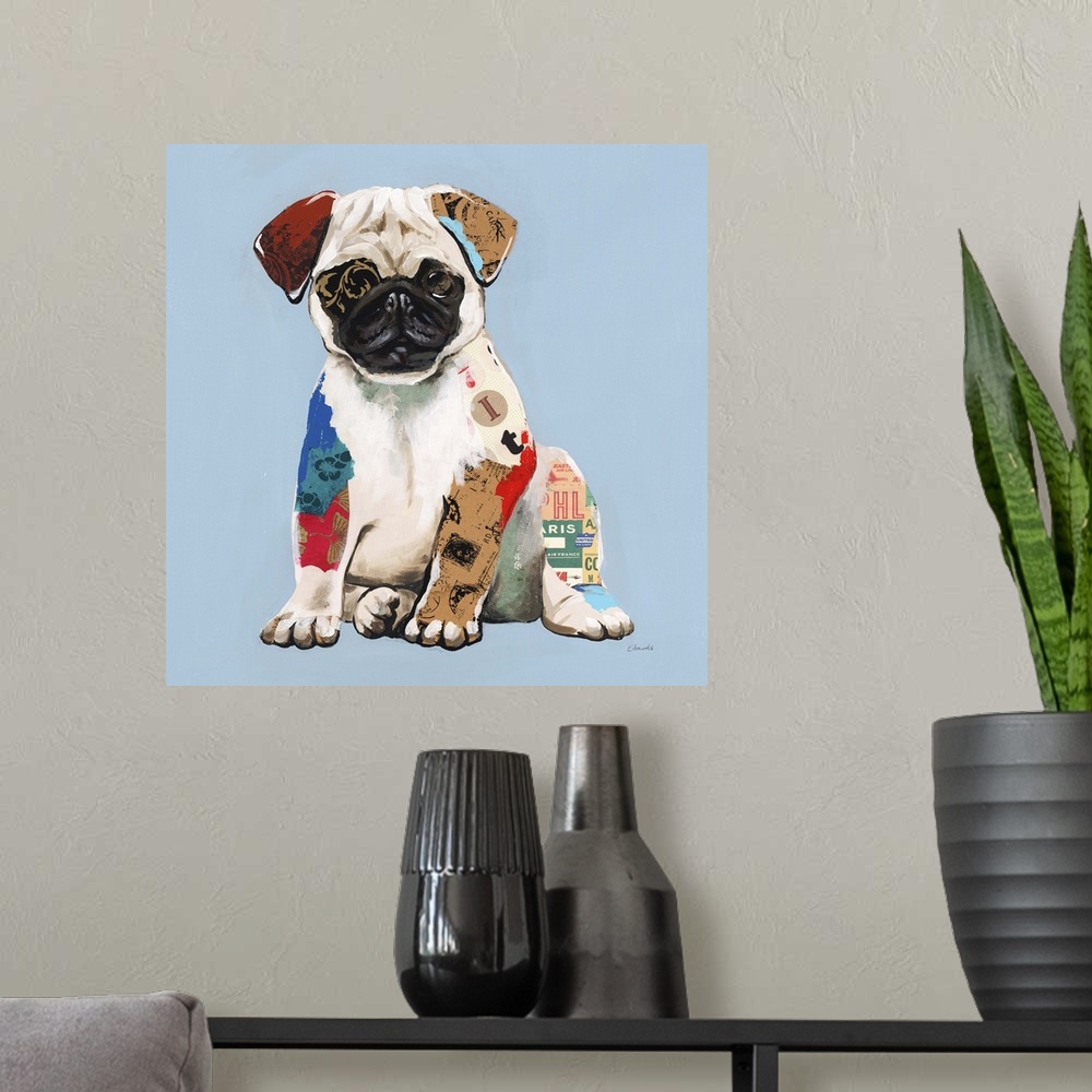 A modern room featuring Square art created with mixed media of a pug puppy on a light blue background.