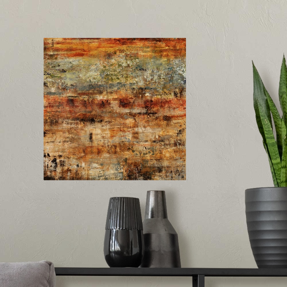 A modern room featuring Abstract contemporary painting in natural tones rough textures giving a grungy, rusted feel.