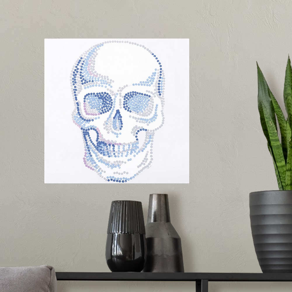 A modern room featuring Contemporary painting of a human skull made of small dots in blue, gray and pink.