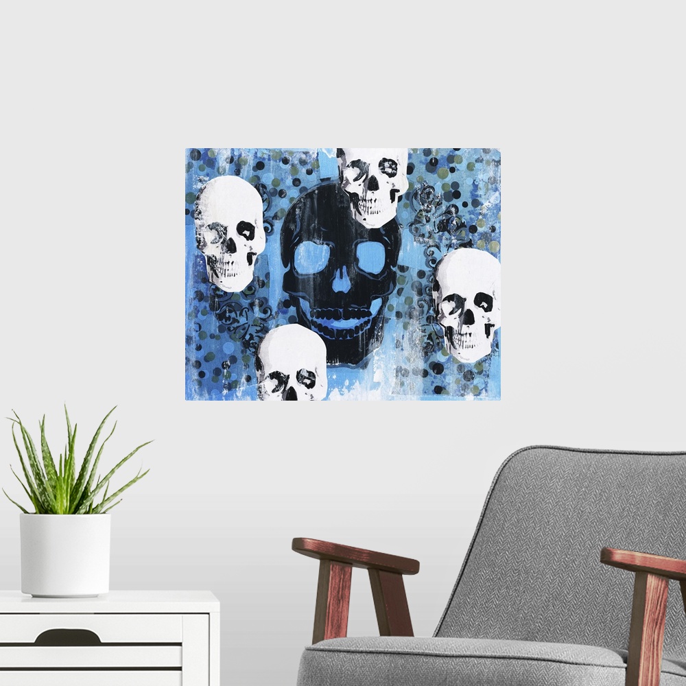 A modern room featuring Contemporary artwork with four white skulls circling one large black skull in the center with a b...