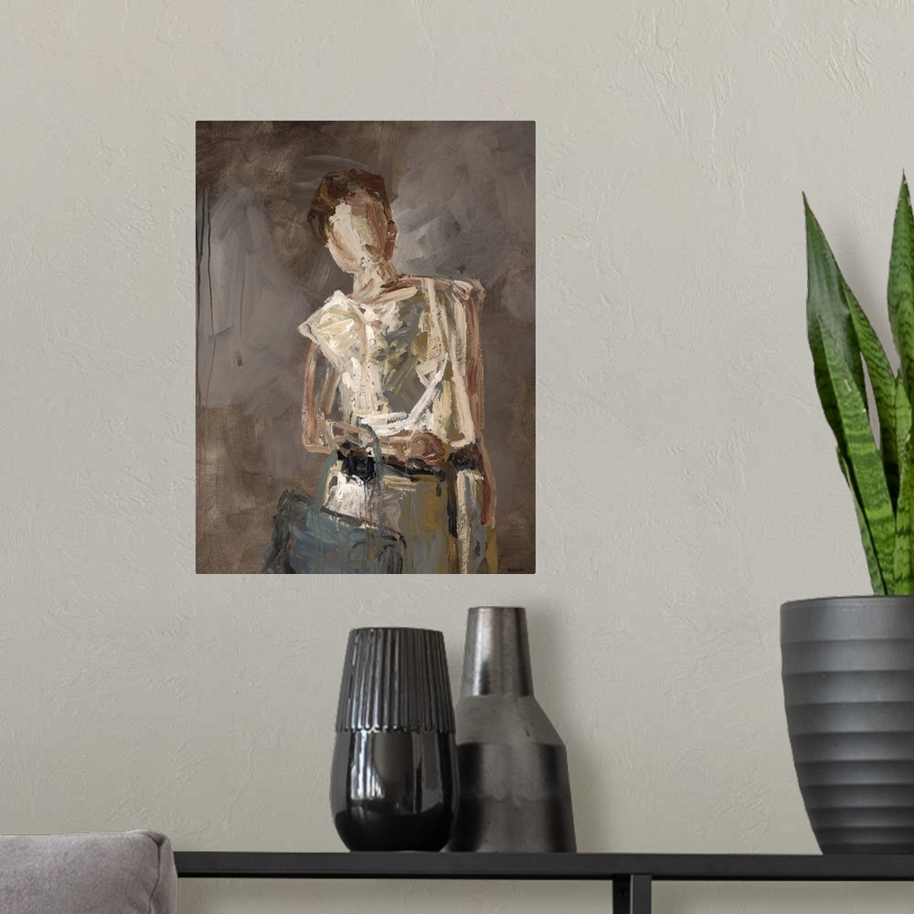 A modern room featuring Figurative art of a human form holding two bags, painted with thick, harsh brushstrokes, on a dar...