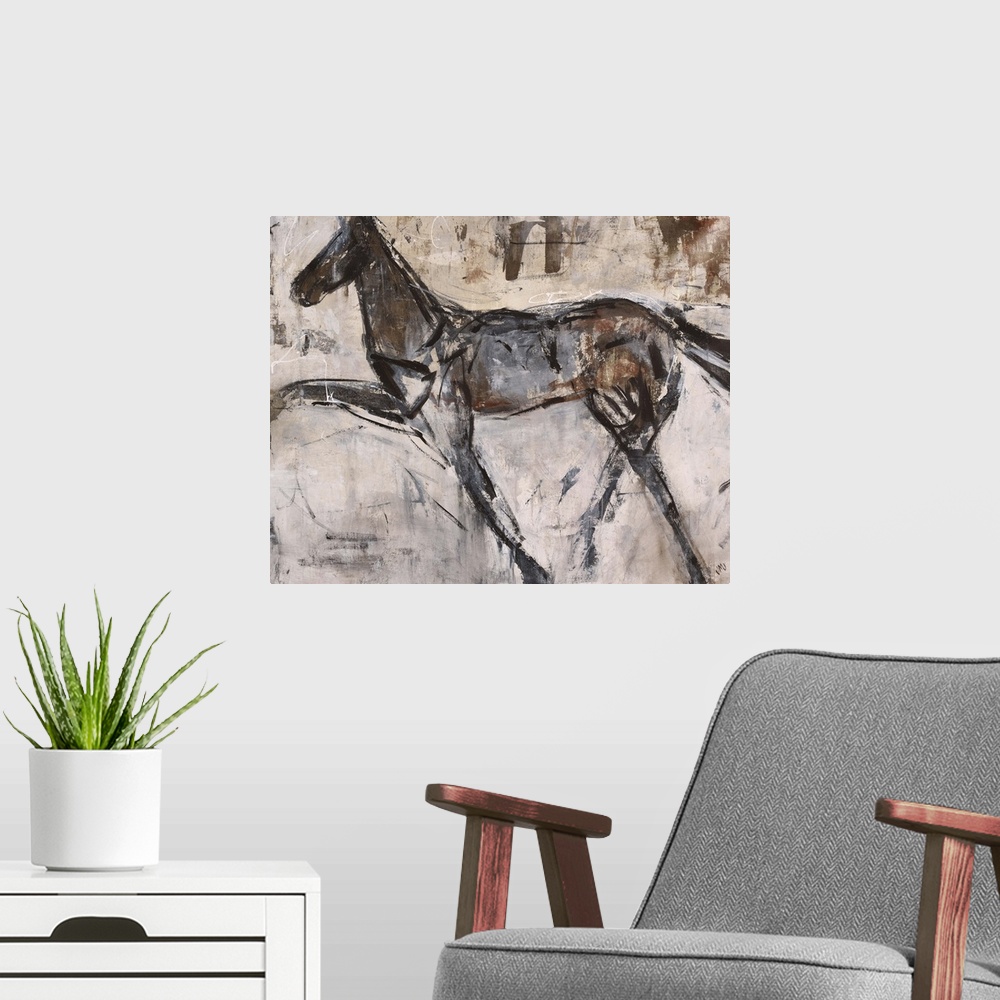 A modern room featuring Contemporary painting of a horse facing left lifting one of its front legs, almost appearing as i...