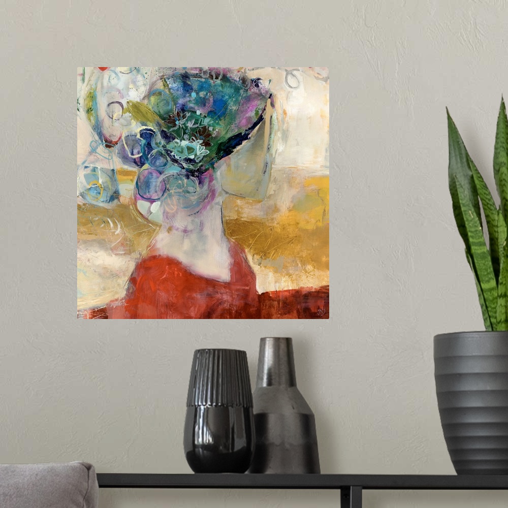 A modern room featuring Square, giant abstract painting of a human figure bust, their head and face covered by a large, d...
