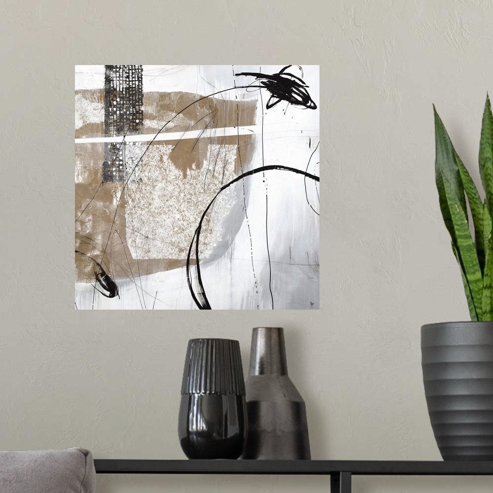 A modern room featuring This square collage contains abstract elements that looks like different types of weaved fabric i...