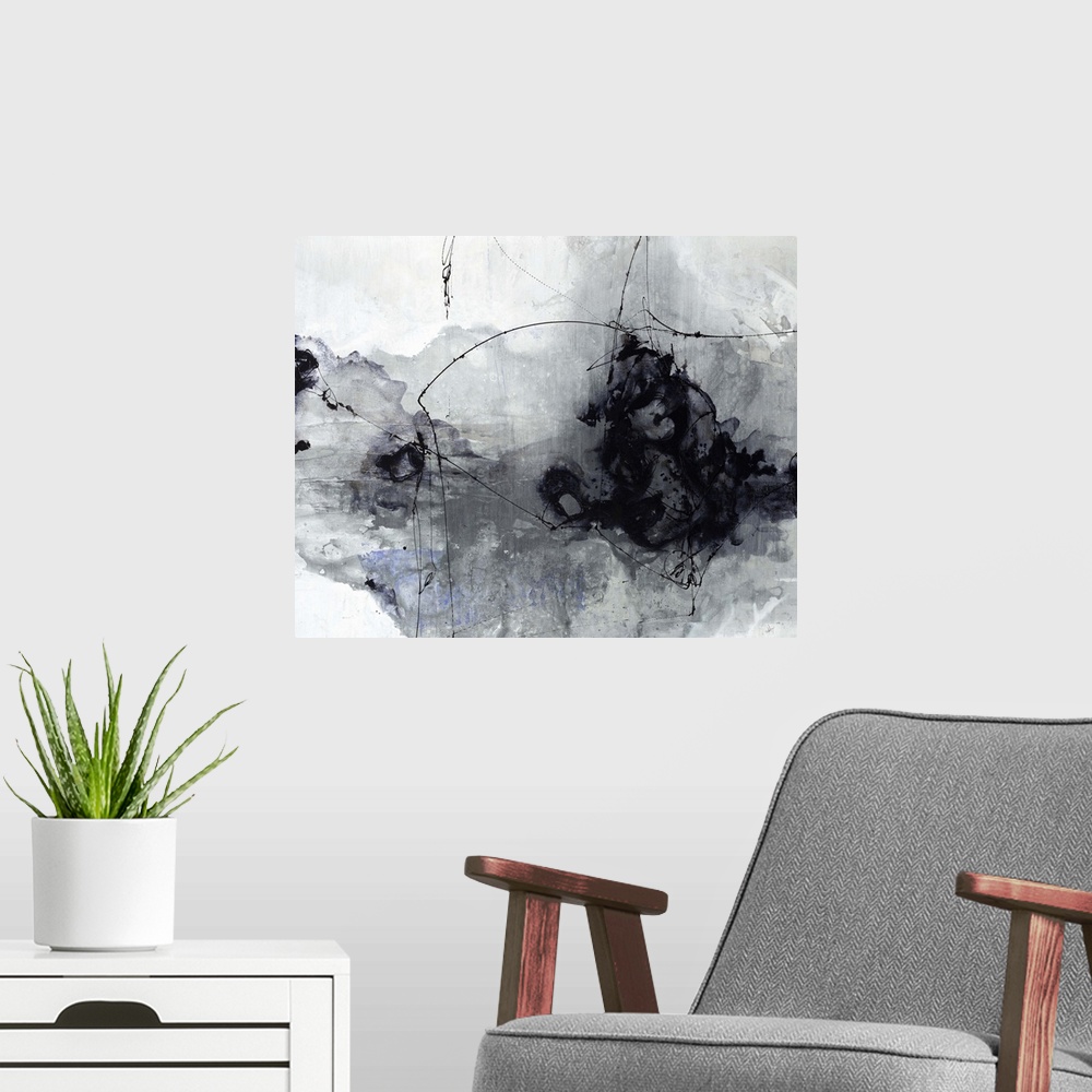 A modern room featuring Contemporary painting of a black and gray cloud-like shape against a neutral background.
