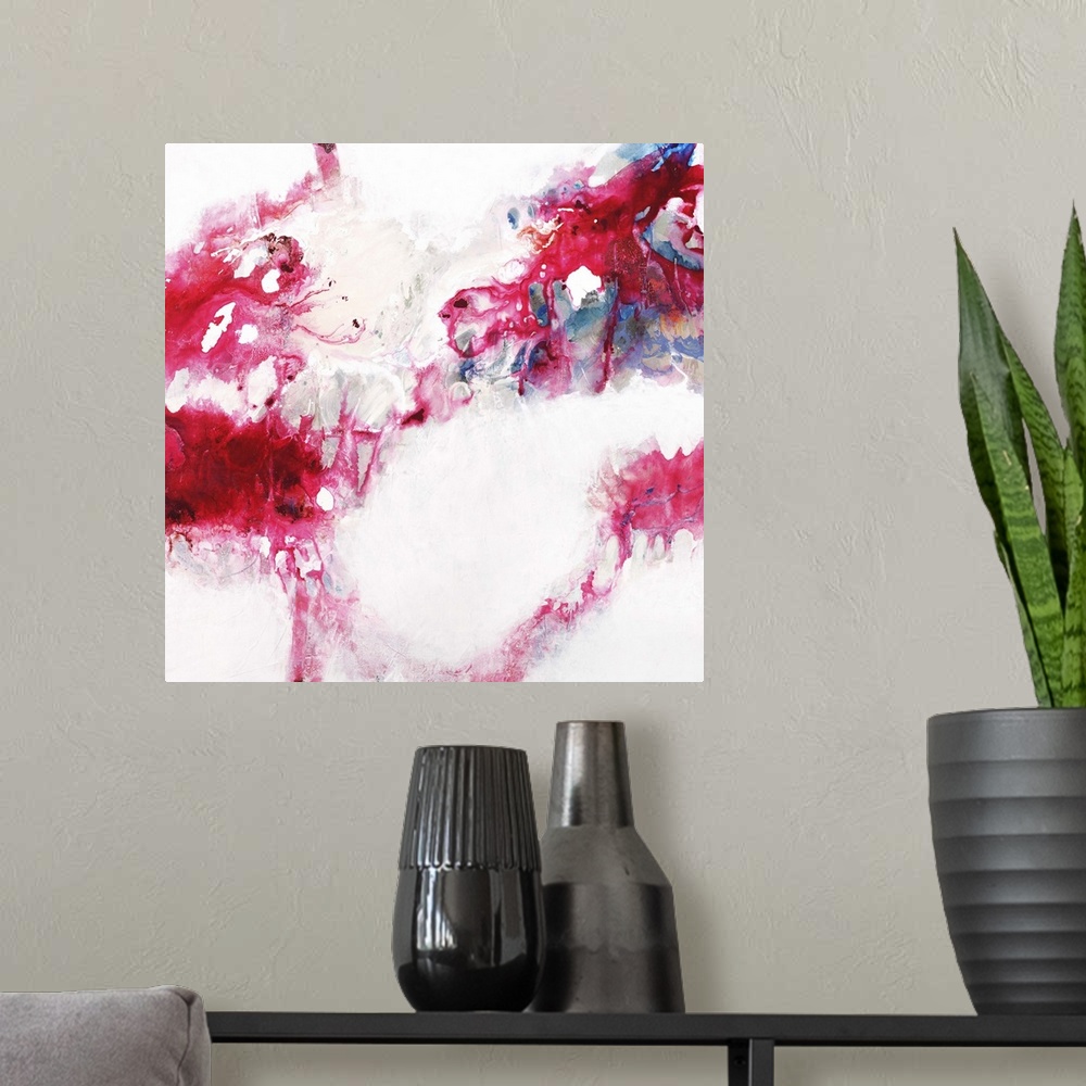 A modern room featuring Contemporary abstract painting in shades of bright pink standing out against white.