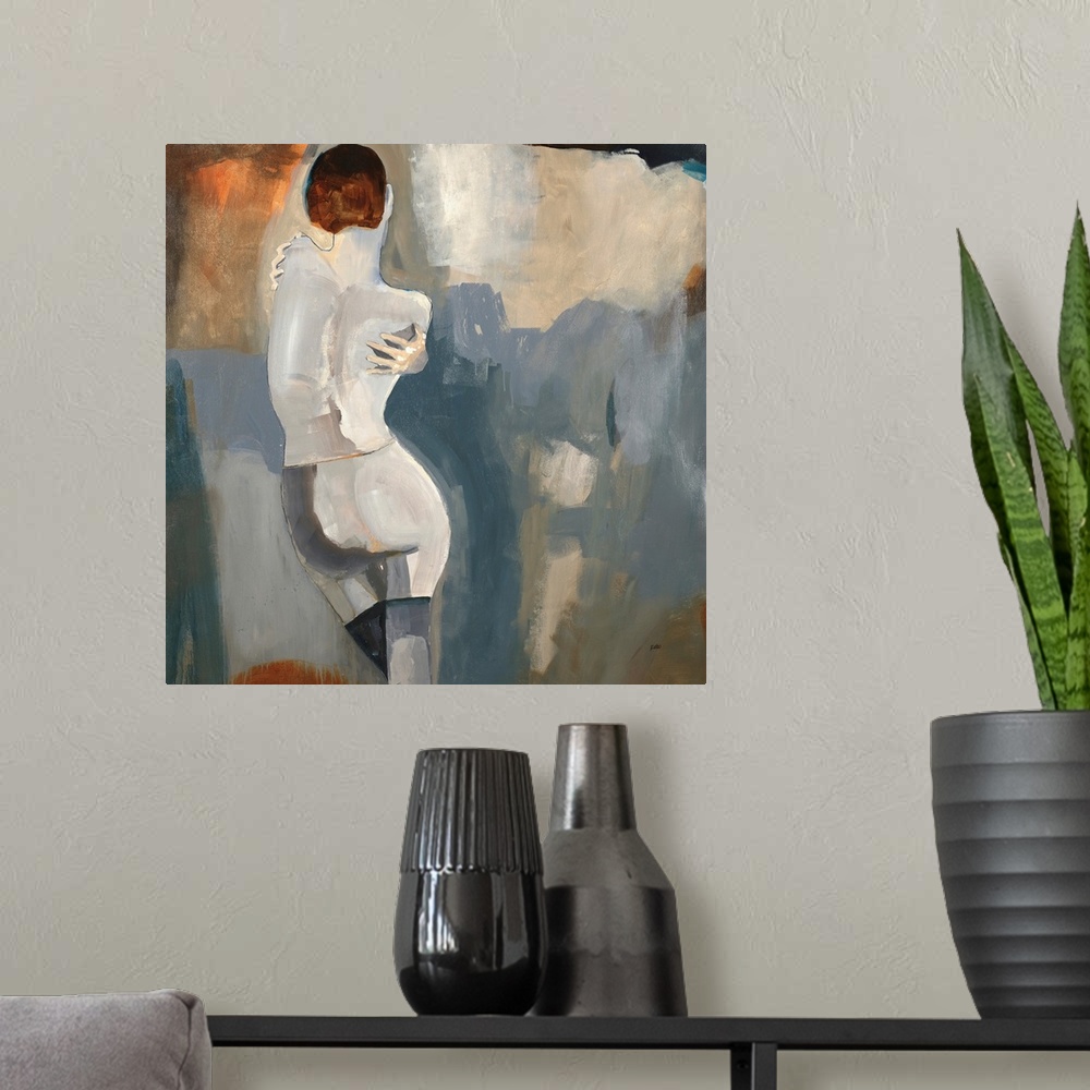 A modern room featuring Contemporary artwork of a woman wrapping her arms around herself with a background made with blue...