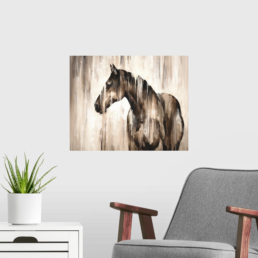 A modern room featuring Contemporary painting of a horse in shades of brown and white.