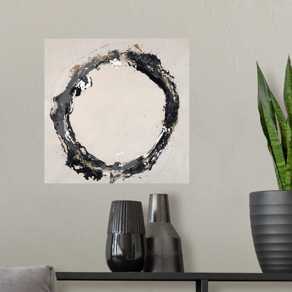 A modern room featuring Abstract painting using textured looking gray tones to form a circle on a neutral colored backgro...