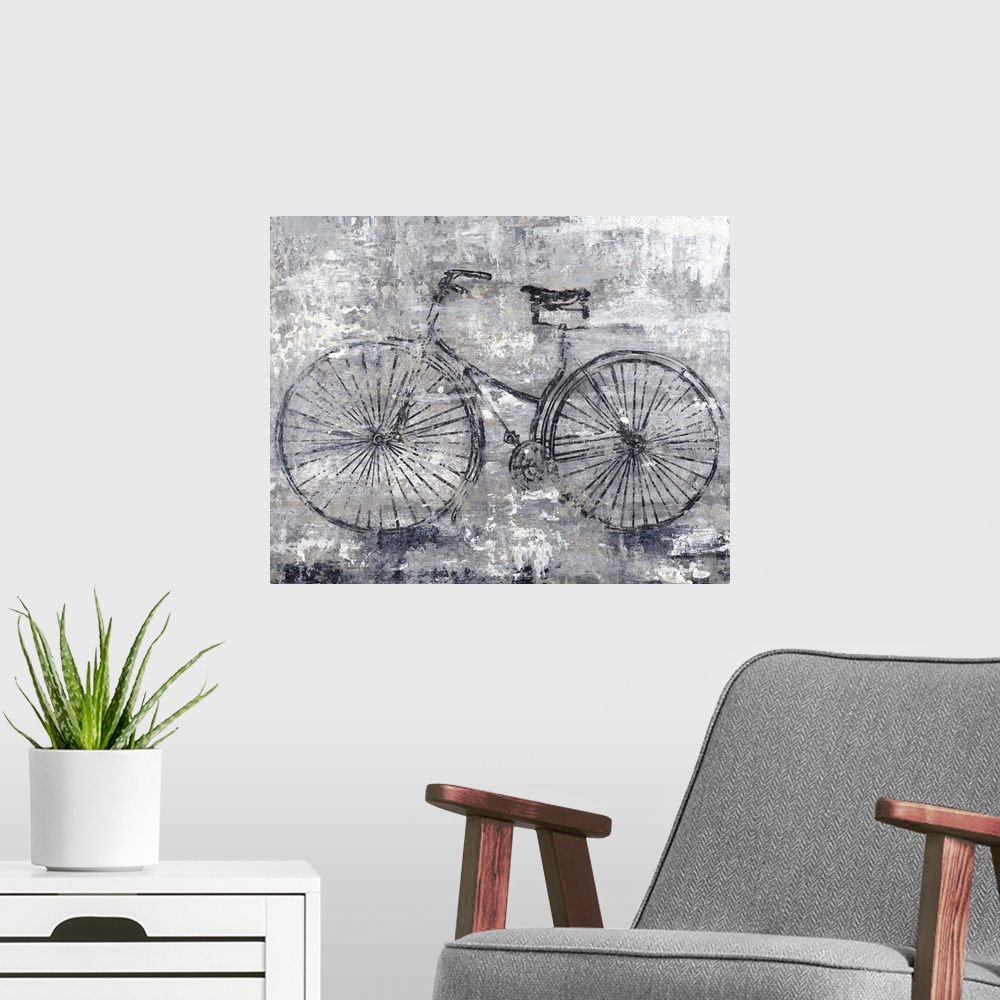 A modern room featuring A contemporary painting of a bicycle against a dark gray background with an overall distressed look.