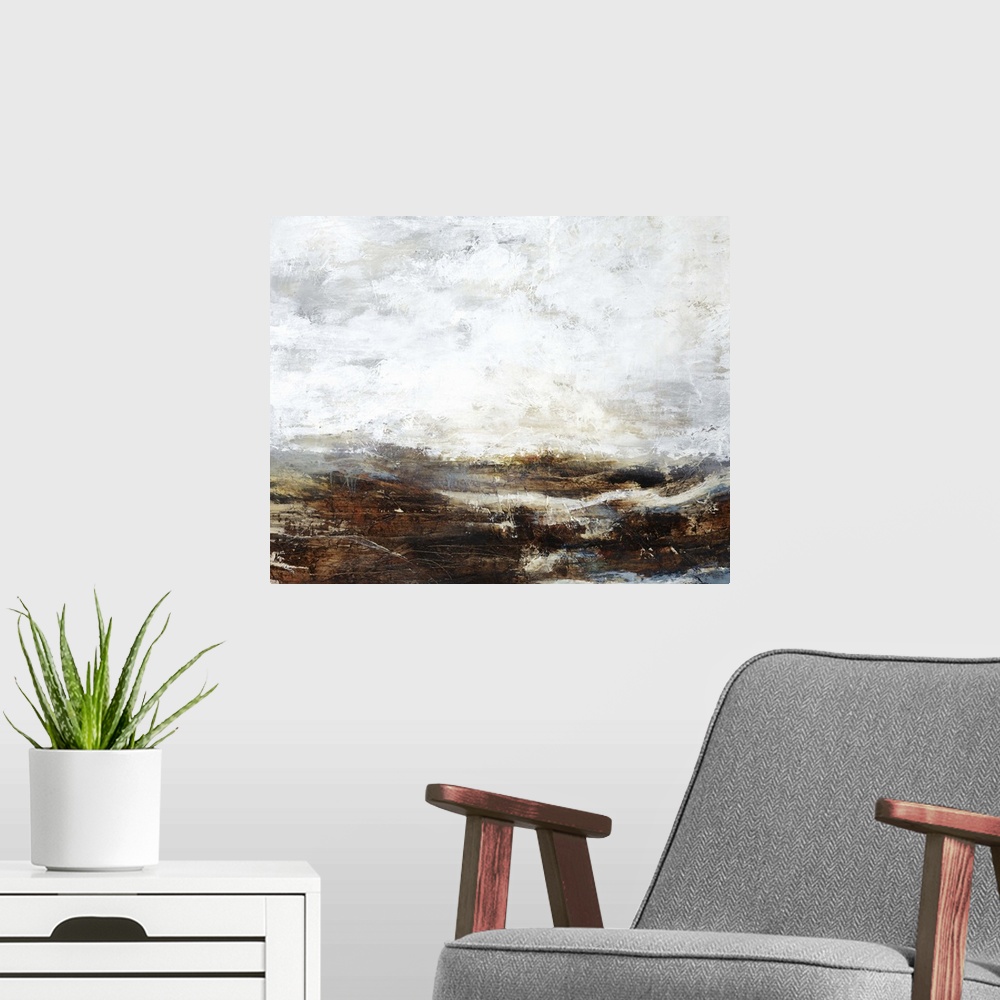 A modern room featuring Contemporary painting of a landscape under a heavy fog shrouding the mountains in the distance.