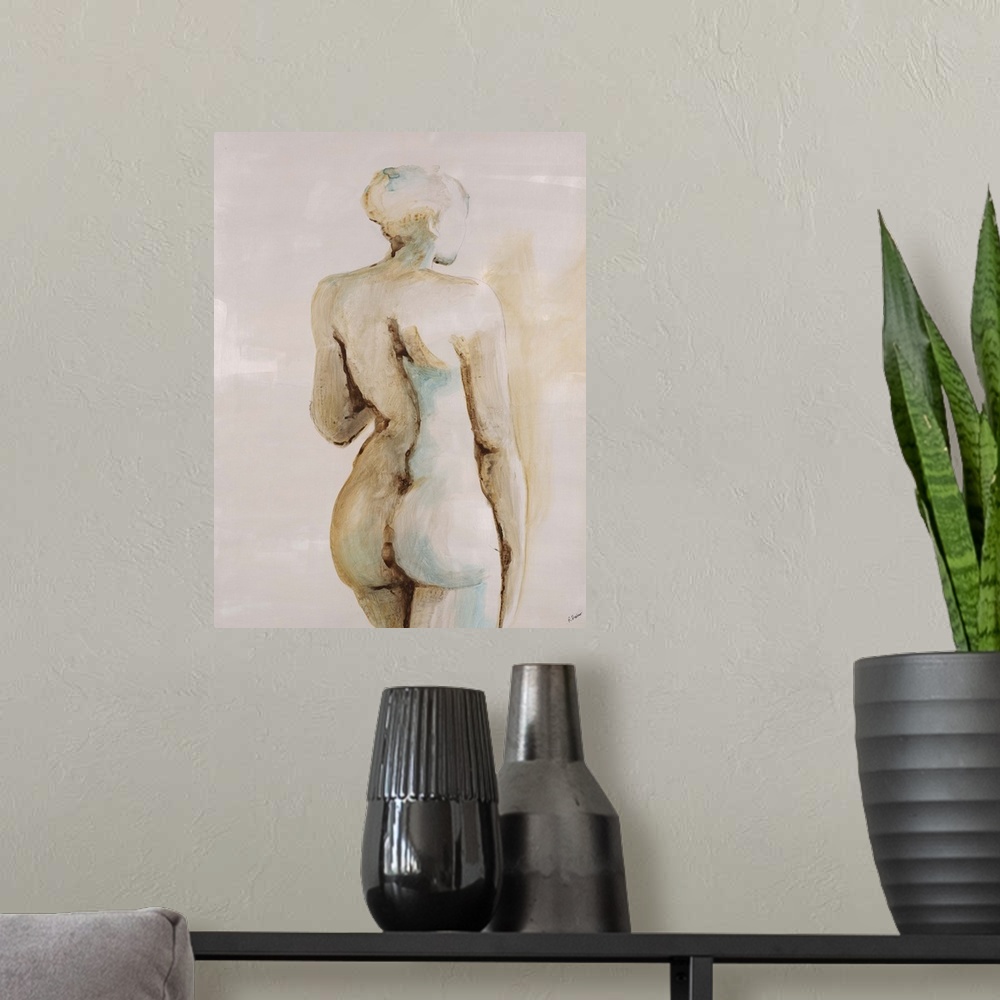 A modern room featuring Contemporary figurative painting of a nude female standing with back facing viewer.