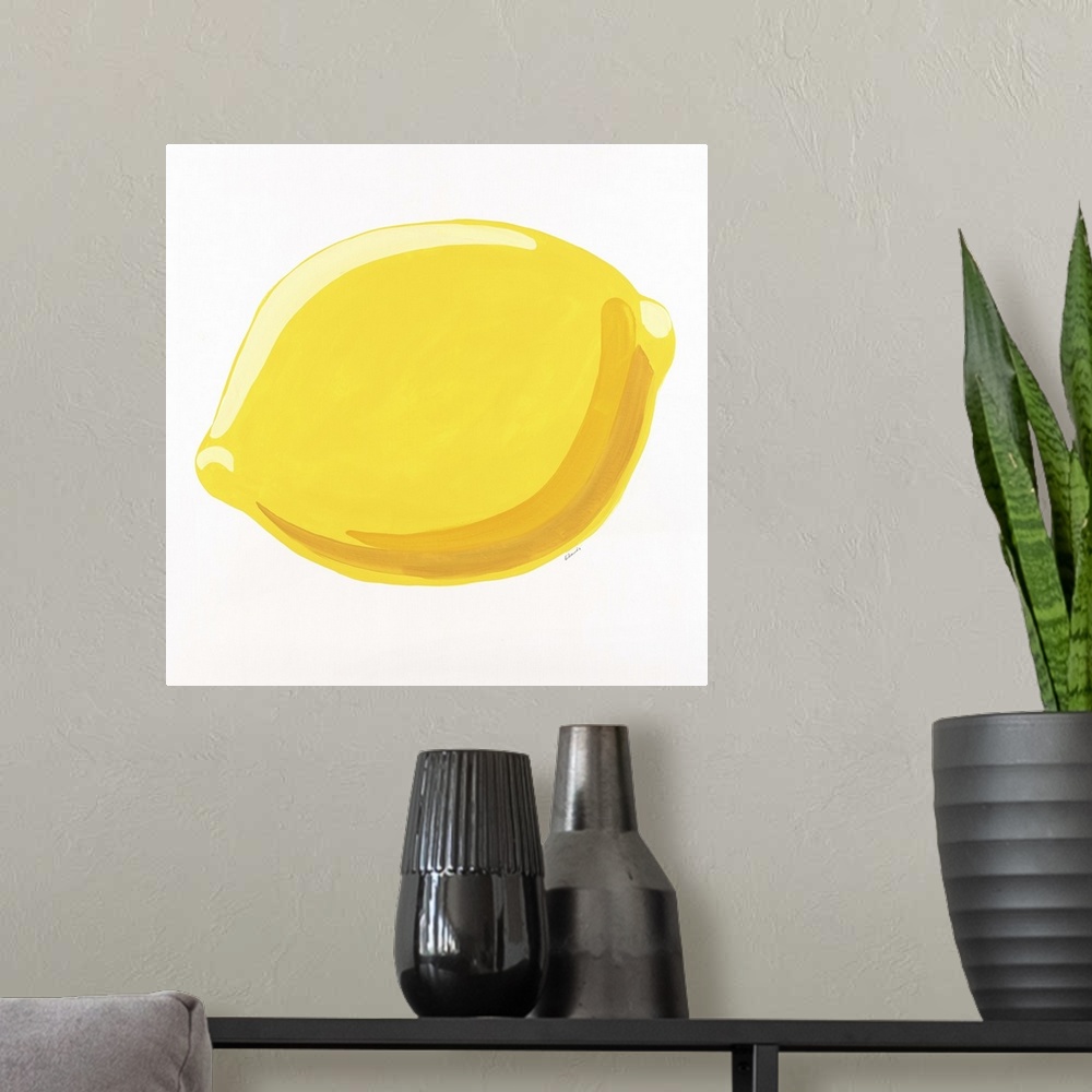 A modern room featuring Simple cheerful painting of a single lemon.