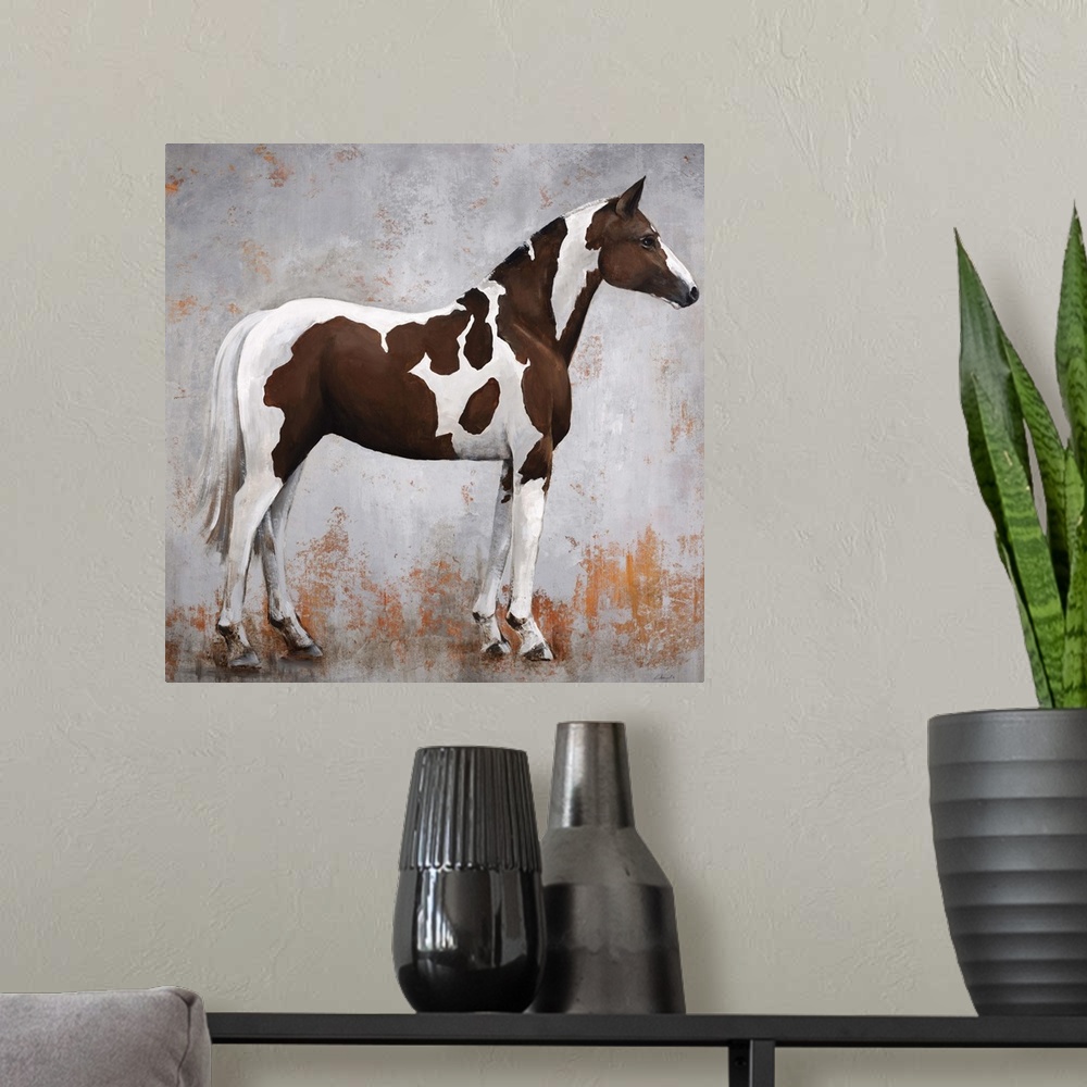 A modern room featuring Contemporary portrait of a paint horse in profile.