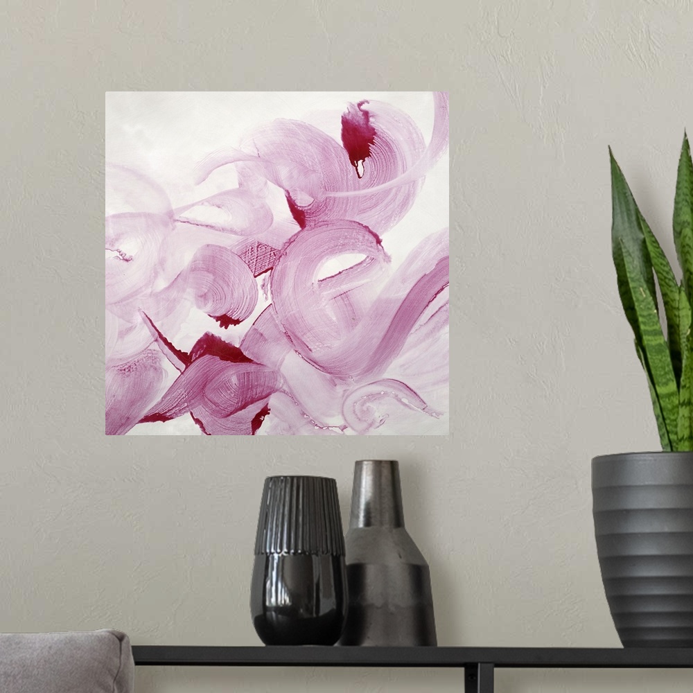 A modern room featuring Square abstract painting of bold, large brush strokes of pink, in curved shapes.