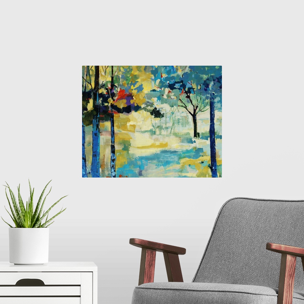 A modern room featuring Contemporary painting of a vibrant path surrounded on either side by a forest of colorful trees a...