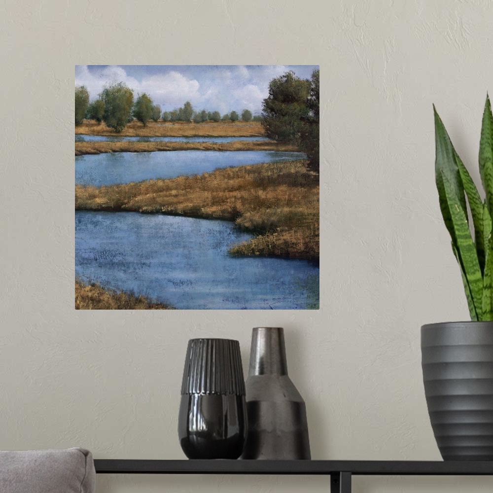 A modern room featuring Contemporary painting of an idyllic countryside landscape, with a winding river.