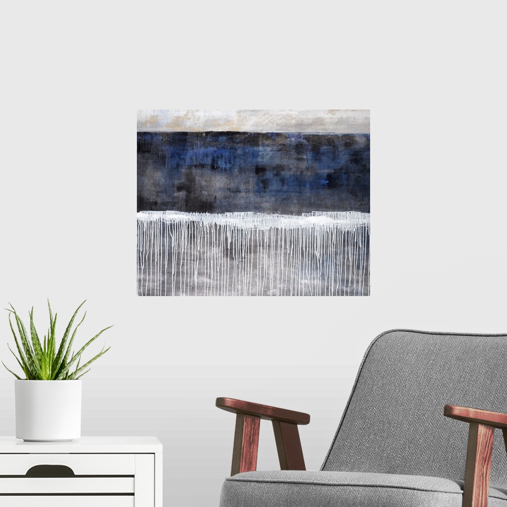 A modern room featuring Contemporary abstract painting of a blue background with a line of white paint in the middle of t...