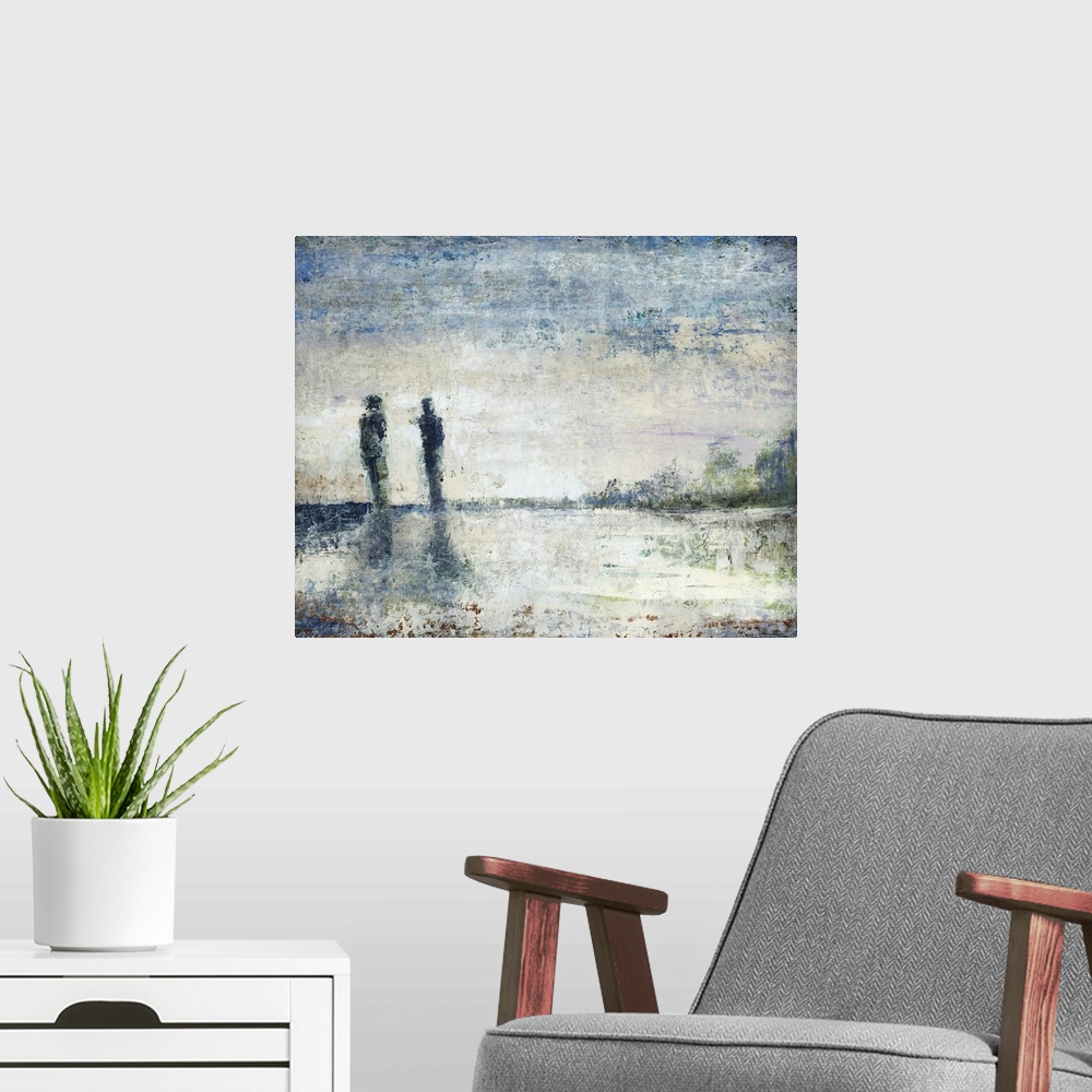 A modern room featuring Contemporary painting of two human figures standing next to each other on the horizon, beneath a ...