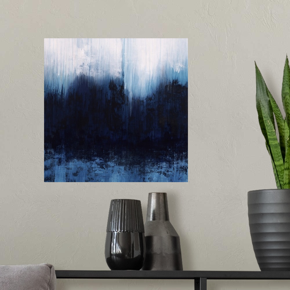 A modern room featuring Contemporary abstract painting using dark blue and gray tones in a vertically blurred motion.