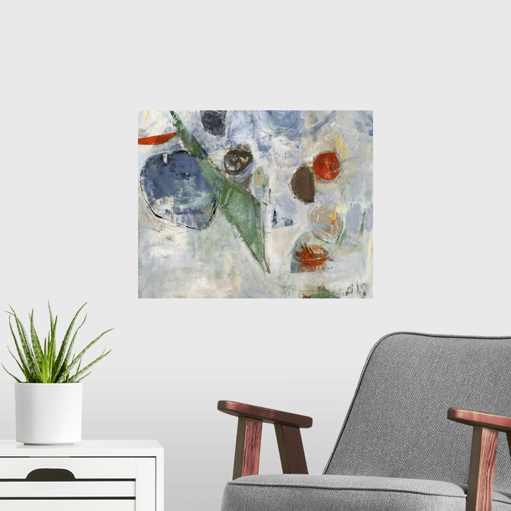 A modern room featuring Contemporary abstract painting using muted multi-colored organic shapes against a neutral toned b...