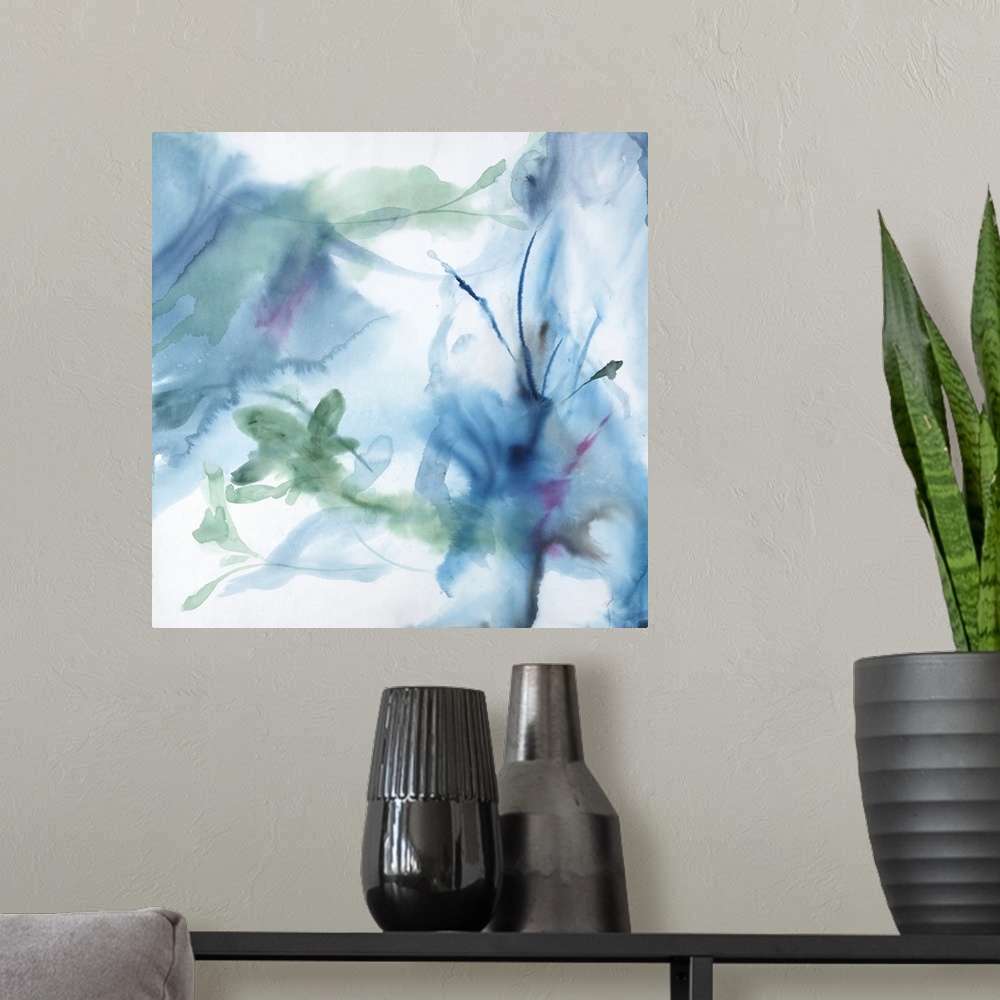 A modern room featuring A contemporary watercolor painting of shapes resembling plants, fading into the white background.