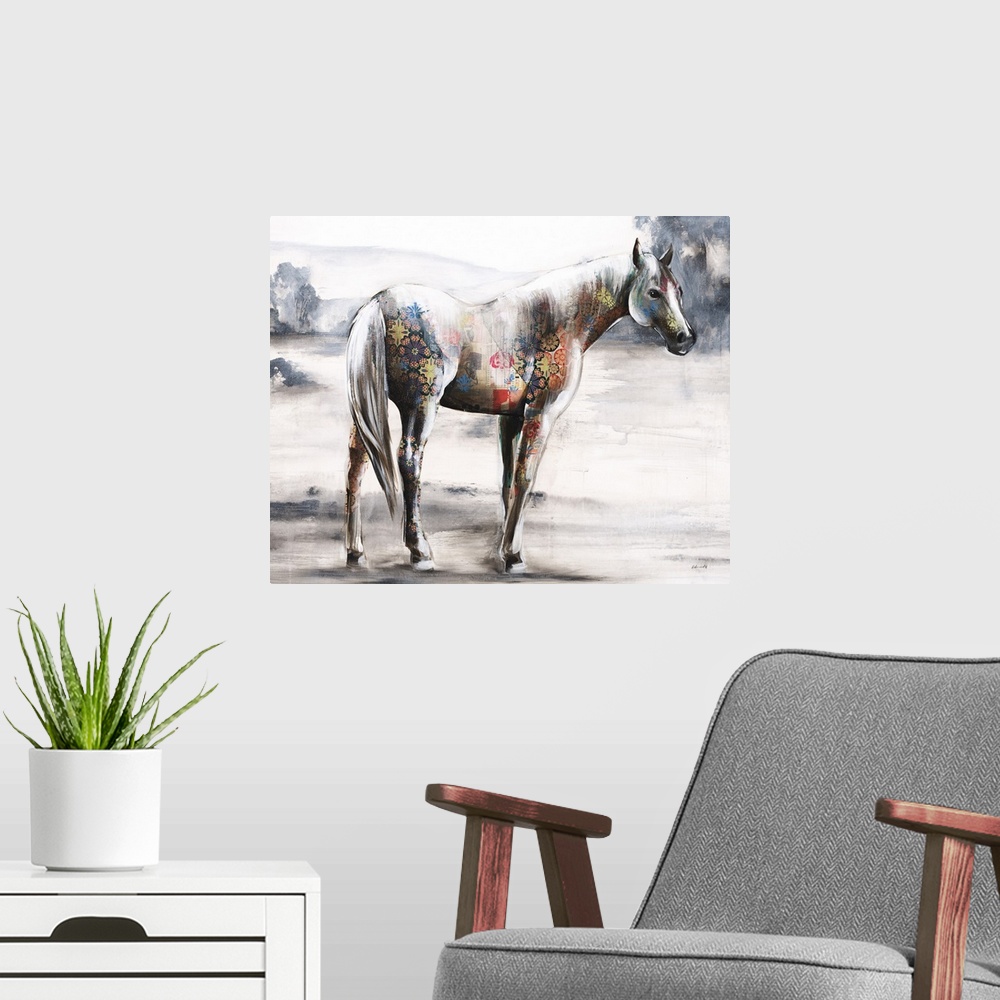 A modern room featuring Contemporary artwork of a horse in a field created with colorful patterns made with mixed media.
