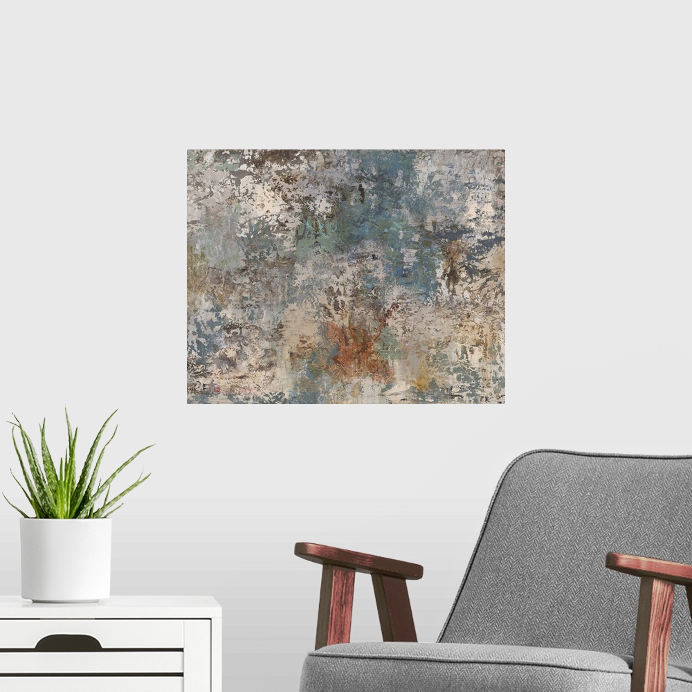 A modern room featuring Abstract painting using earth tones to create a grungy and rustic piece of art.