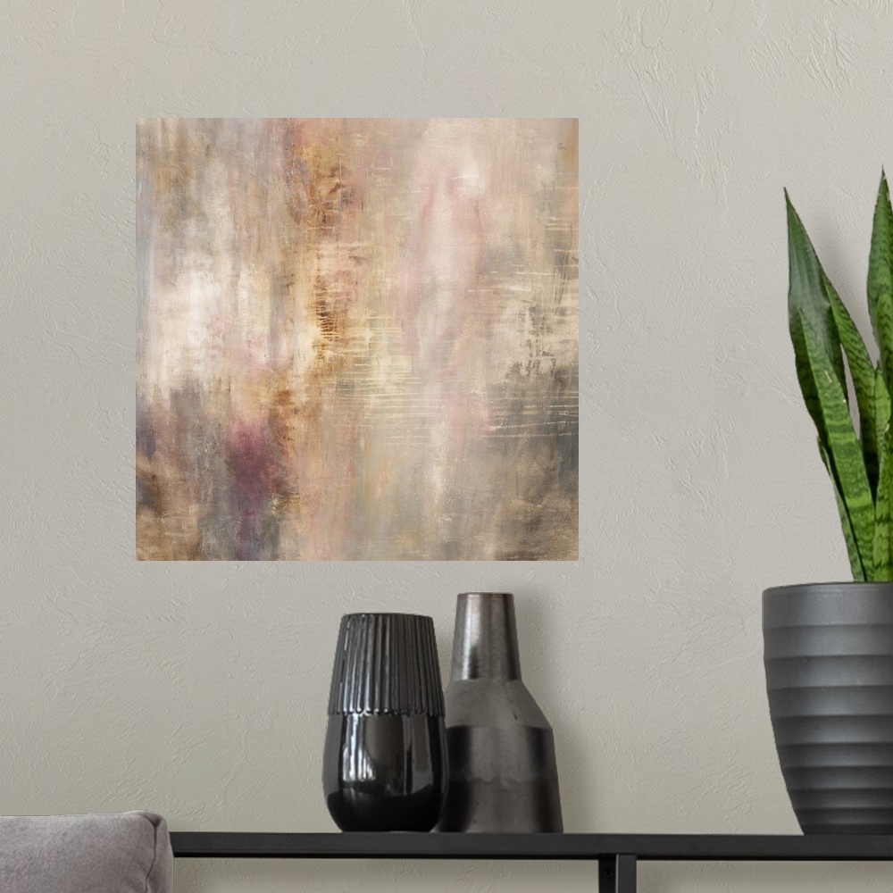 A modern room featuring Contemporary abstract painting in different shades of pale pink and brown.