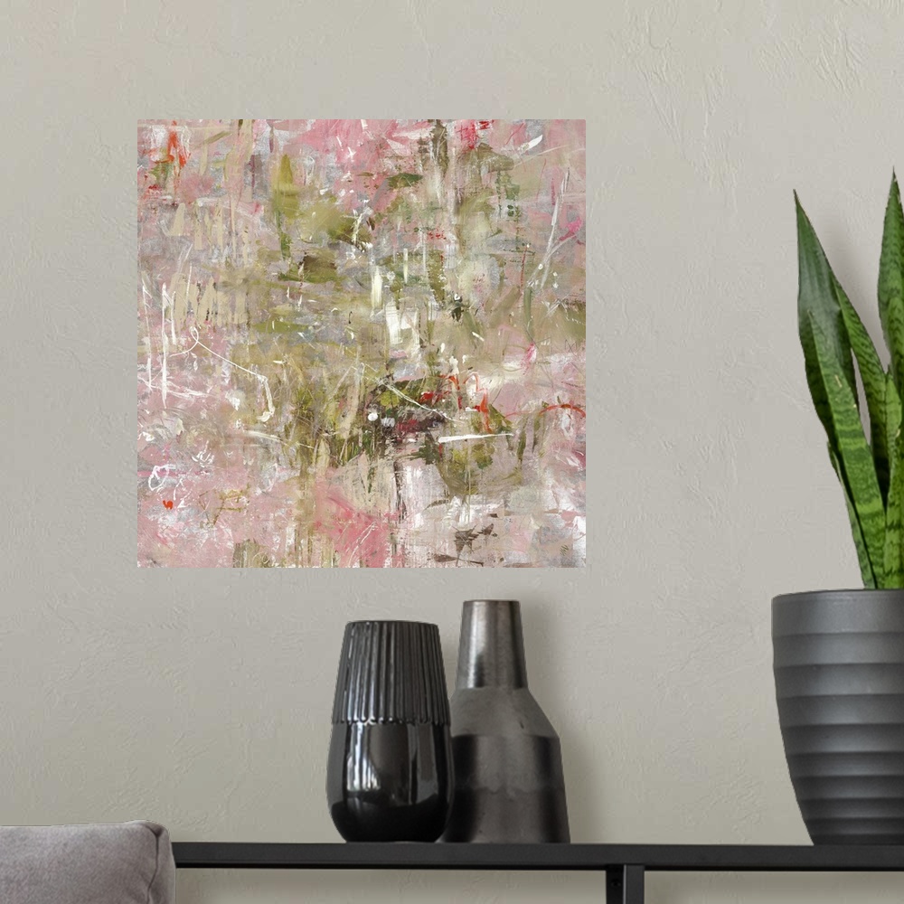 A modern room featuring Abstract painting of multicolored brushstrokes in various sizes and directions, that overlap and ...