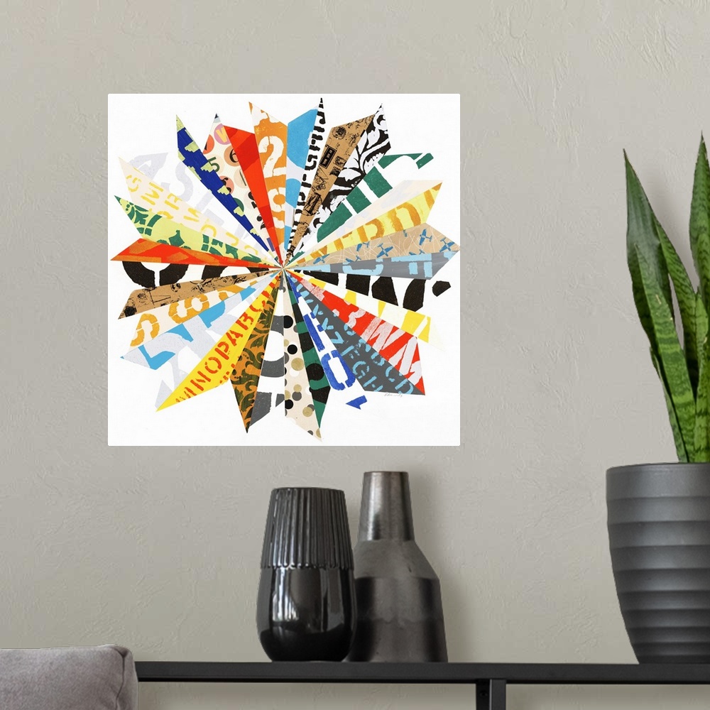 A modern room featuring Contemporary abstract painting of a flower made of different paper clippings.