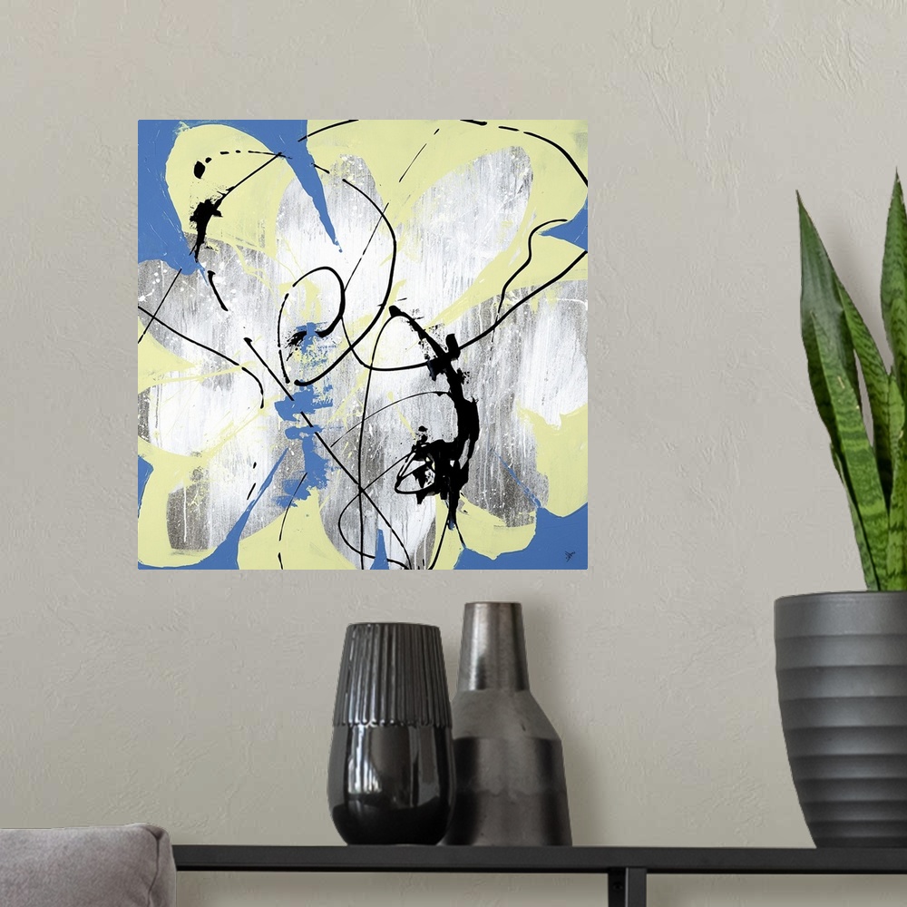 A modern room featuring A lively abstract painting of a flower in shades of yellow and blue.