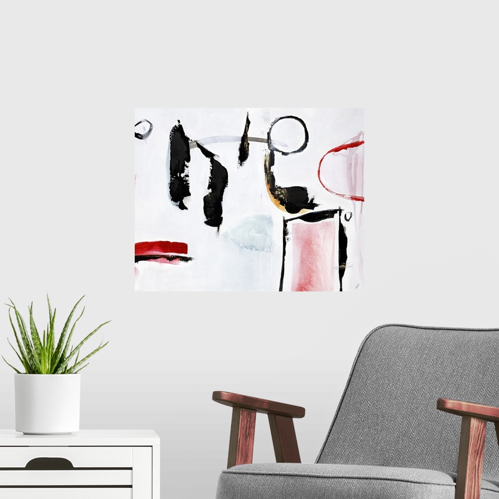 A modern room featuring An alluring painting of free flowing curved lines in black and red accents.
