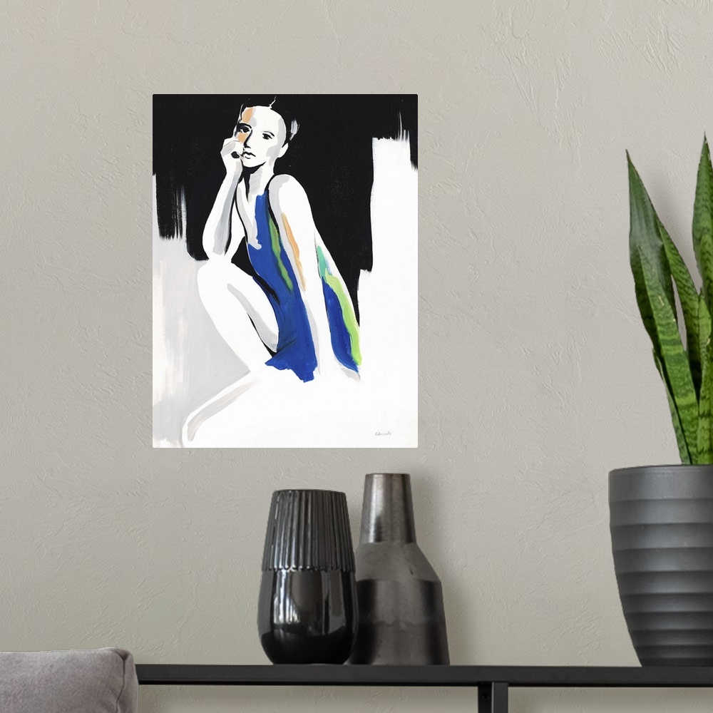 A modern room featuring Contemporary painting of a woman wearing a blue dress against an abstract background.