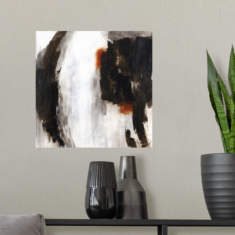 A modern room featuring Contemporary abstract painting of bold dark paint strokes with hints of orange against a neutral ...