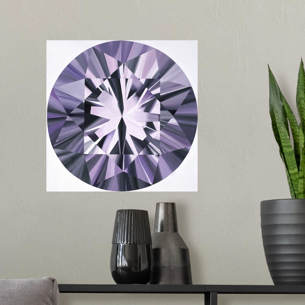 A modern room featuring A painting of a purple, round shaped gemstone.