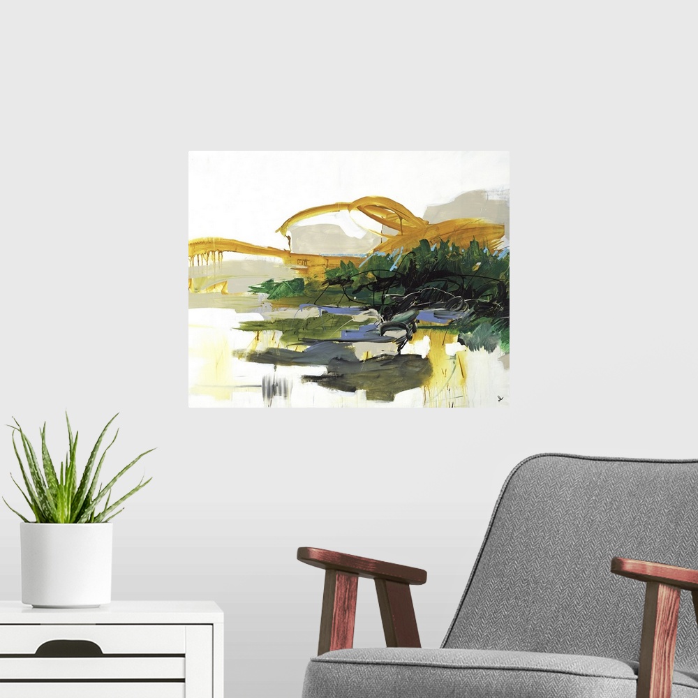 A modern room featuring An abstract landscape of a rural road in the country.