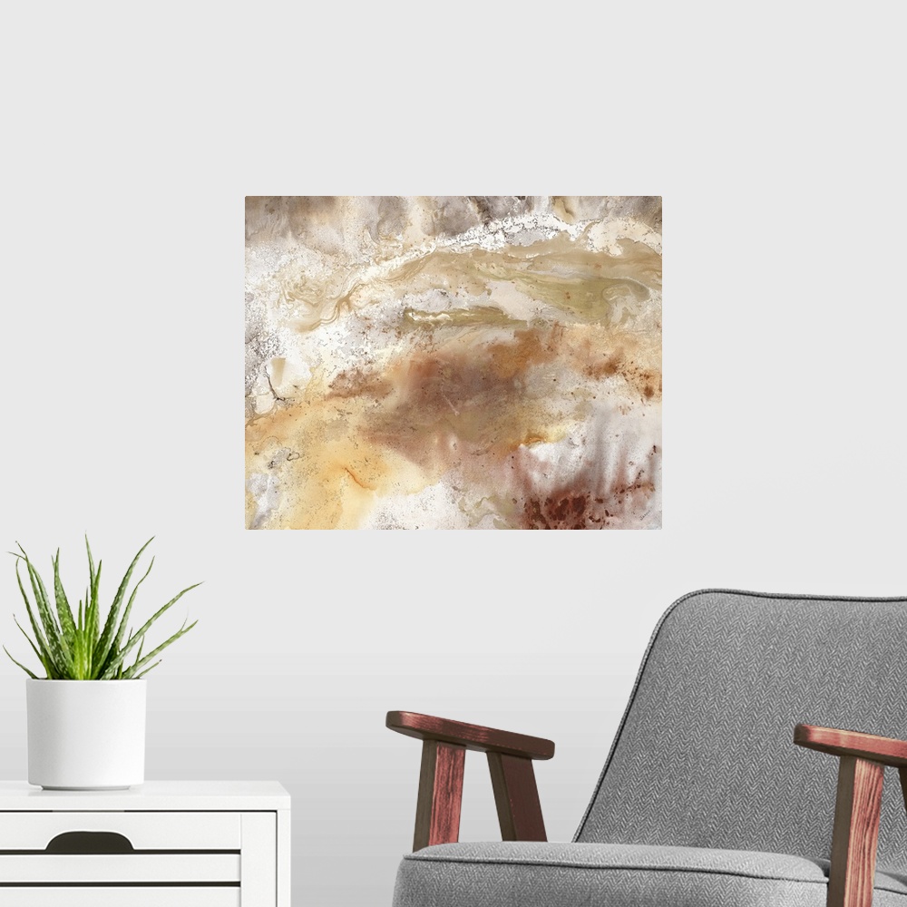 A modern room featuring An abstract painting of natural earth colors of brown and gold.