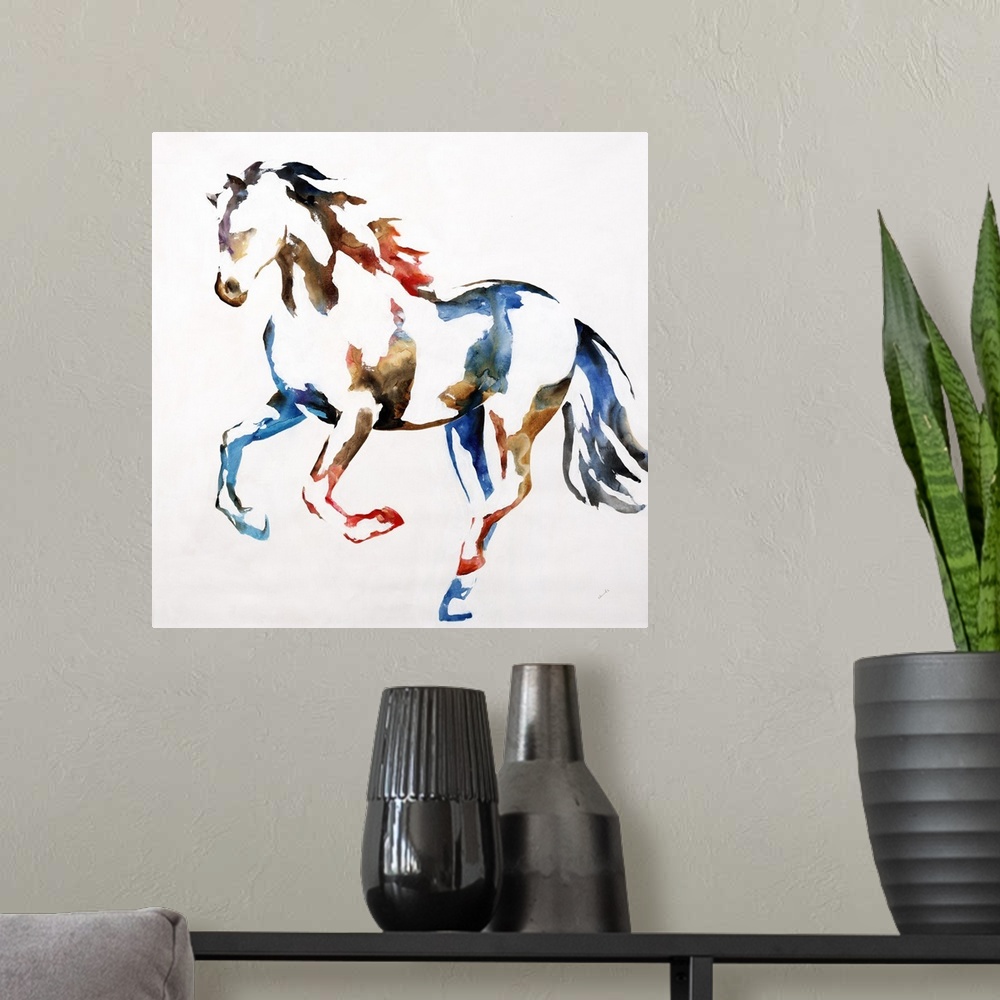 A modern room featuring Square artwork with a colorful silhouette of a horse on a white background.